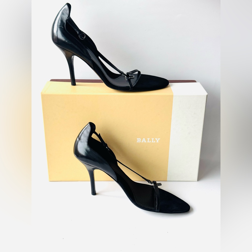 Bally Leather Sandals Heels Black Sz 36.5 In Box